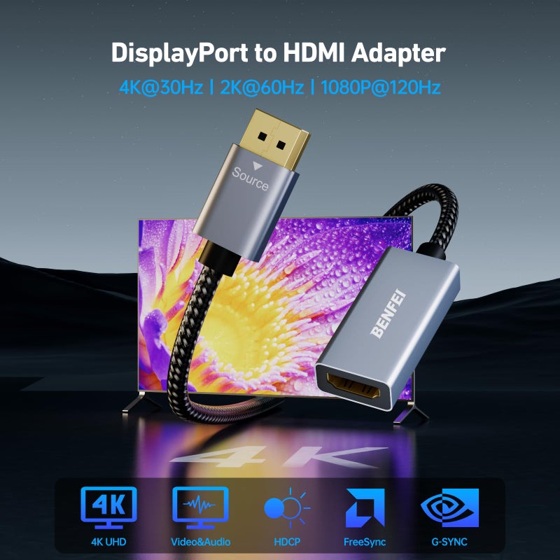 BENFEI 4K DisplayPort to HDMI Adapter Cable, (2K 60Hz, 1080p 120Hz) Uni-Directional Display Port to HDMI Monitor Converter Compatible for HP, Dell, GPU, AMD, NVIDIA, More. Male to Female - Image 2